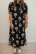 Black Floral Print Frilled Collar Short Puff Sleeve Maxi Dress