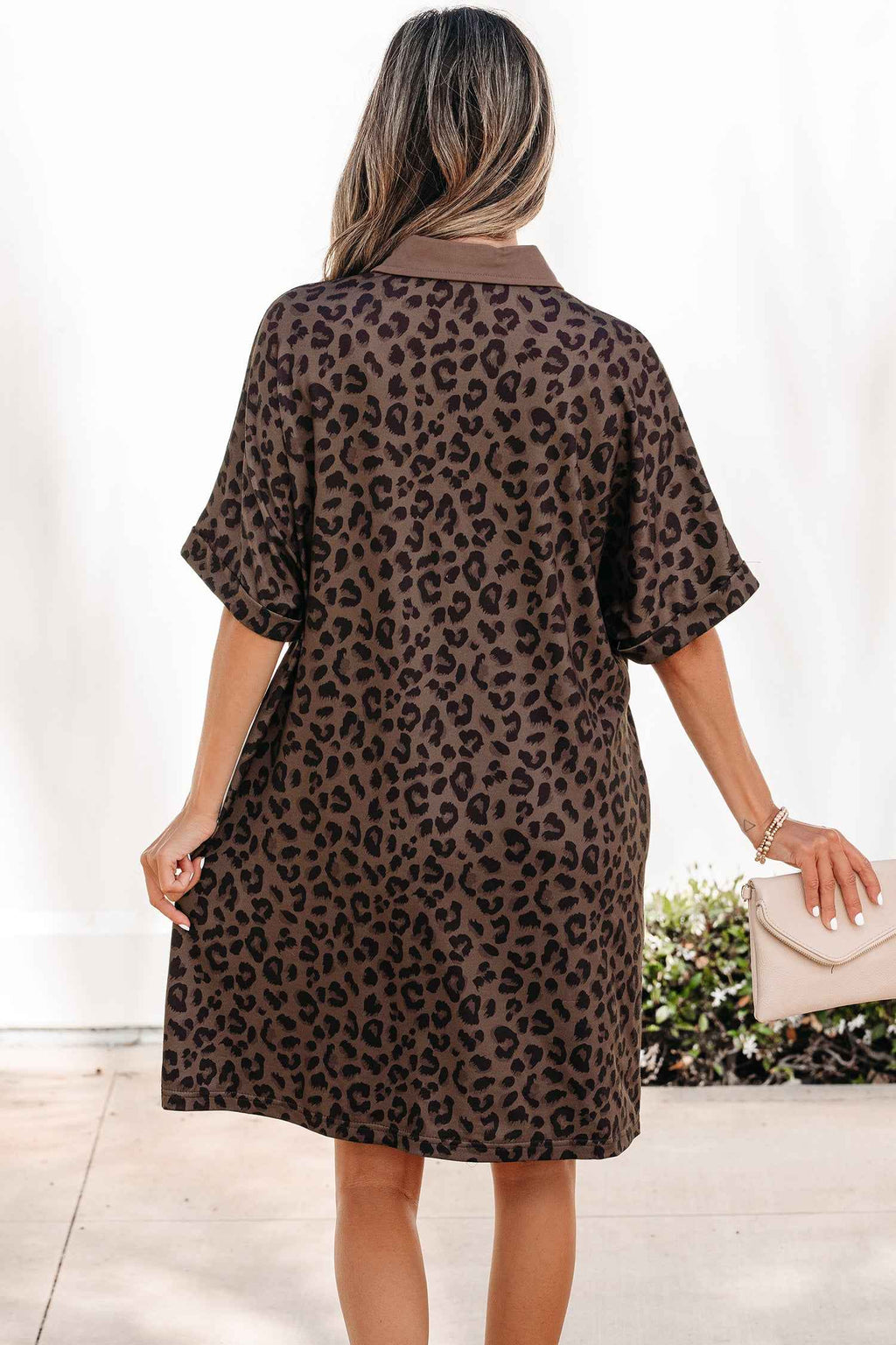 Brown Leopard Print Contrast Collar V-Neck Mini Dress