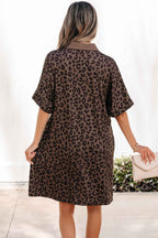 Brown Leopard Print Contrast Collar V-Neck Mini Dress