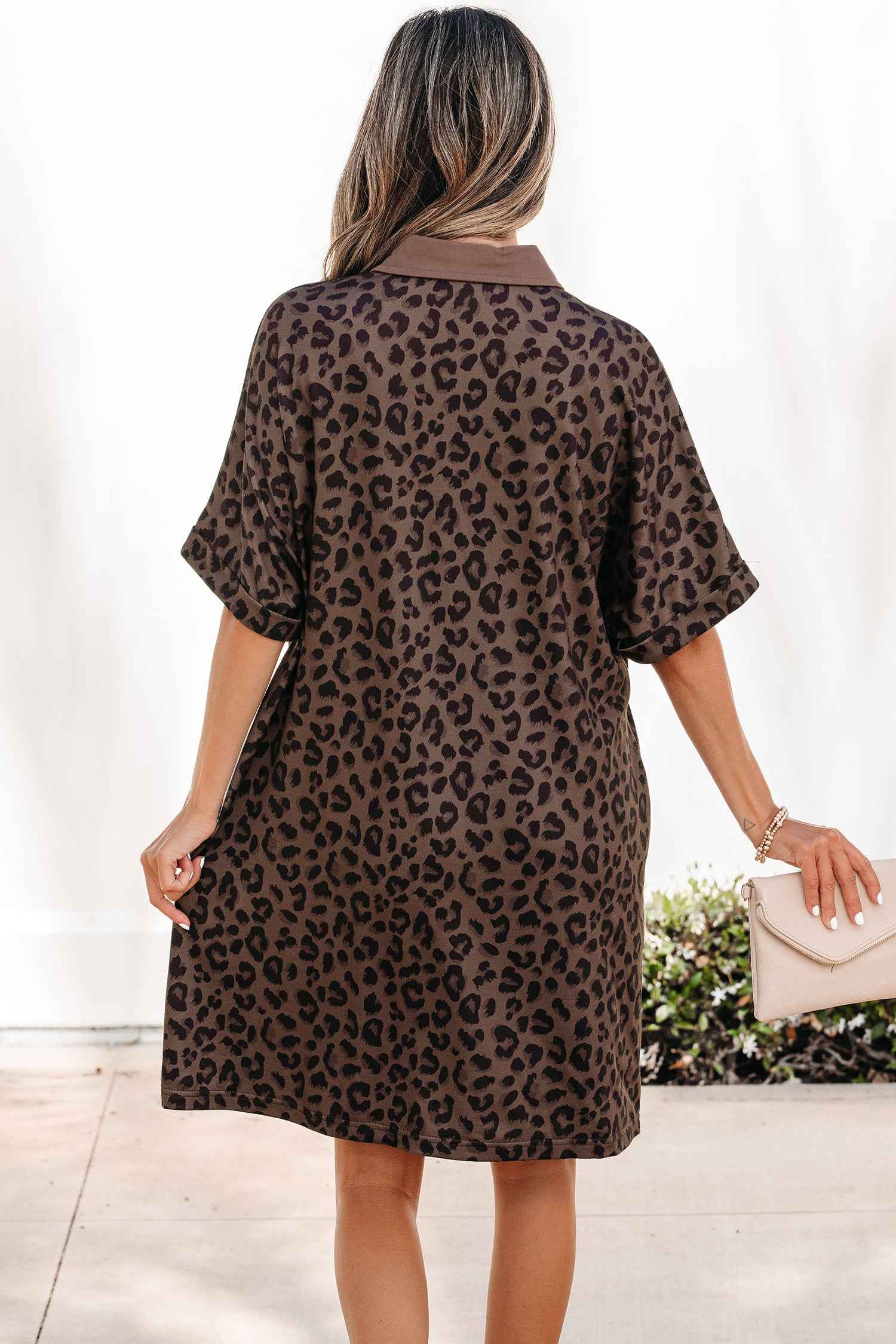 Brown Leopard Print Contrast Collar V-Neck Mini Dress