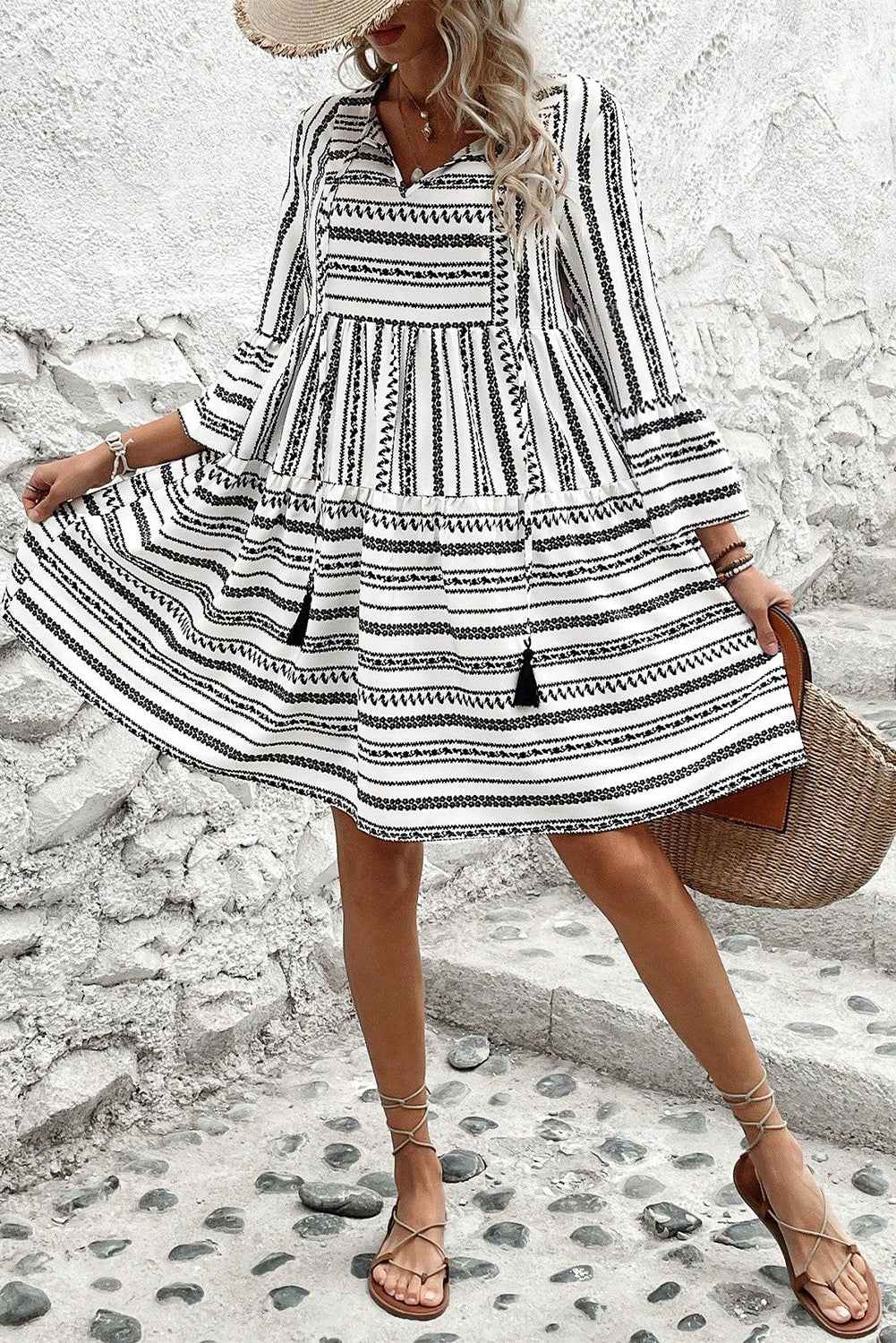 Black Stripe V Neck Bell Sleeve High Waist Mini Dress