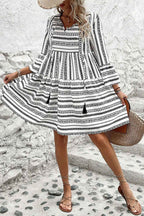 Black Stripe V Neck Bell Sleeve High Waist Mini Dress