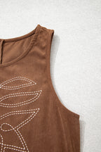 Coffee Geometric Embroidery Sleeveless Corduroy Shift Dress