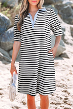 Black Stripe Contrast V Neck Collared Puff Sleeve T Shirt Mini Dress with Pockets