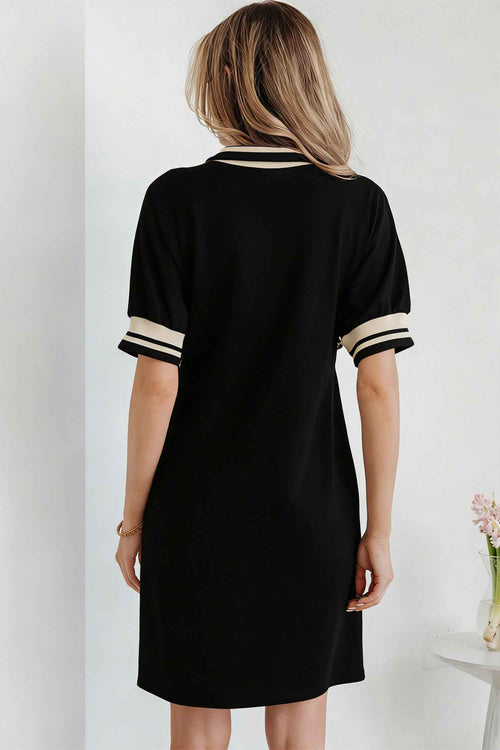 Black Striped Webbing Trim Preppy Polo Tee Dress