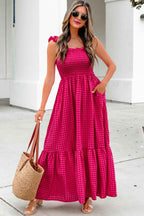 Red Plaid Square Neck Fit-and-flared Vacation Sundress