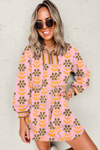 Pink Floral Print Zip Neck Striped Patchwork Long Sleeve Drawstring Dress