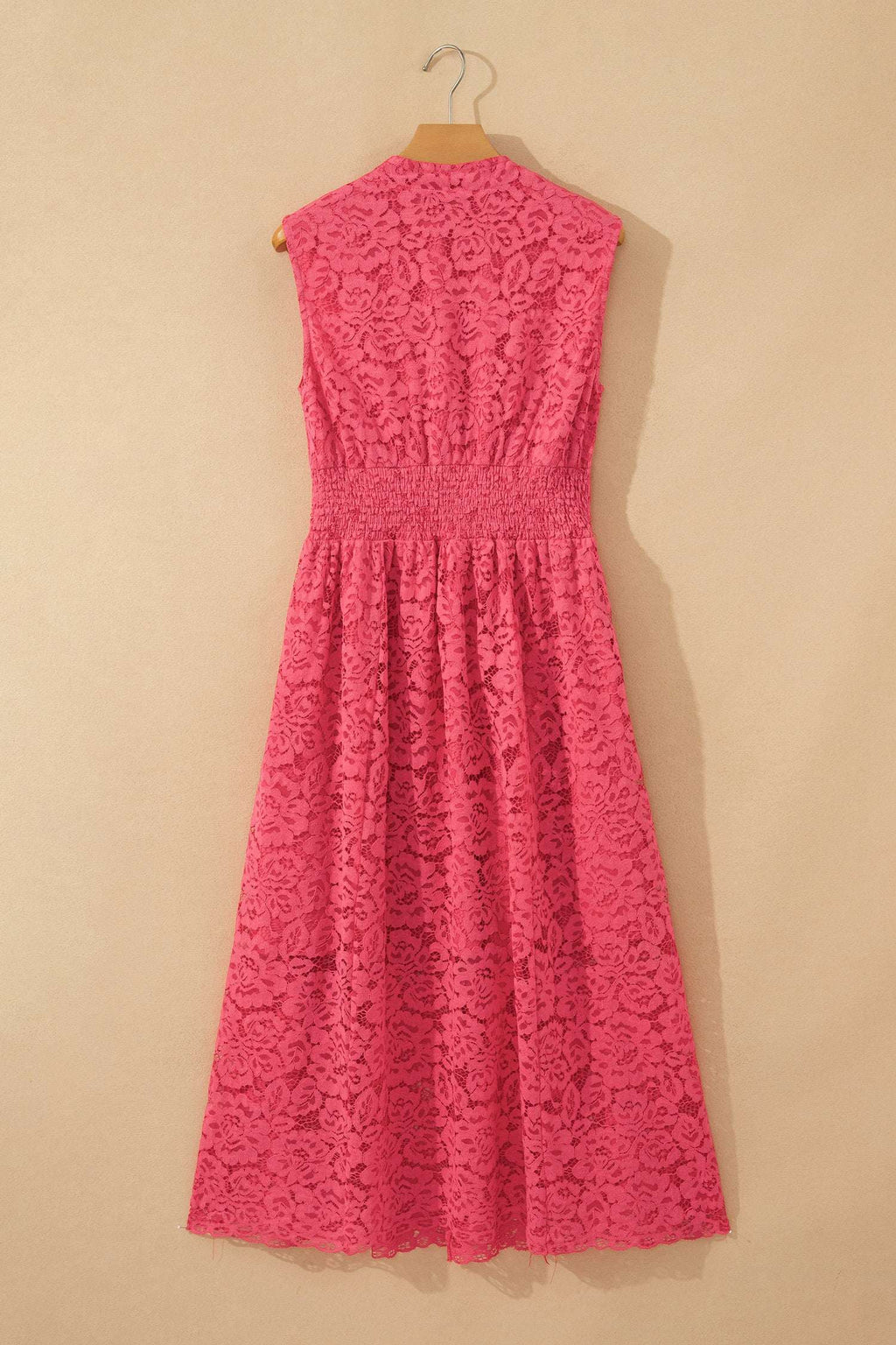 Coral Floral Lace Overlay Zip Up V Neck Smocked Waist Sleeveless Dress