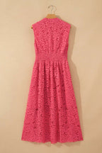 Coral Floral Lace Overlay Zip Up V Neck Smocked Waist Sleeveless Dress