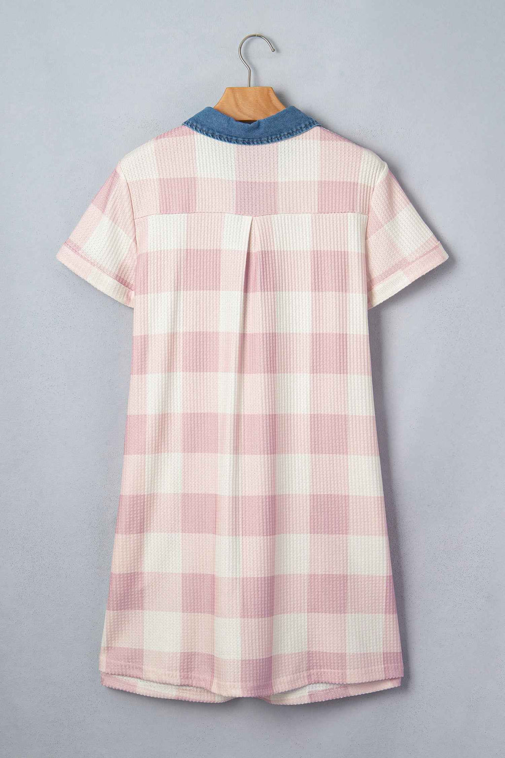 Pink Waffle Plaid Print Contrast Denim Shirt Collar Buttoned T Shirt Mini Dress