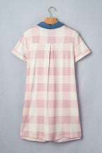 Pink Waffle Plaid Print Contrast Denim Shirt Collar Buttoned T Shirt Mini Dress