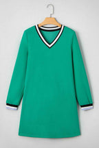 Mint Green Varsity Contrast Striped V Neck Long Sleeve T Shirt Dress with Pockets