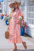Pink Polka Dot Printed Ruffle Short Sleeve Zip Up Long Dress