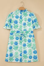 Sky Blue Floral Print Half Button Frilly Short Sleeve Dress