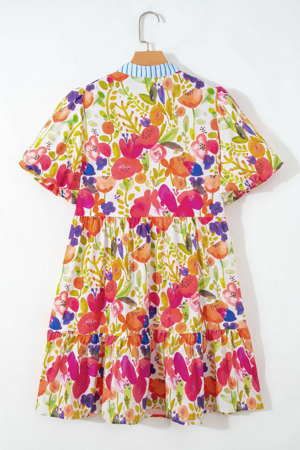 Rose Bright Floral Print Ricrac Trim Striped Patchwork V Neck Dress