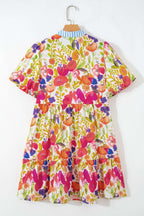 Rose Bright Floral Print Ricrac Trim Striped Patchwork V Neck Dress