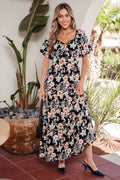 Blue Short Sleeve Smocked Detail High Waist Floral Maxi Dress