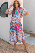 Sky Blue Mixed Floral Print Tie Split Neck Short Sleeve Dress