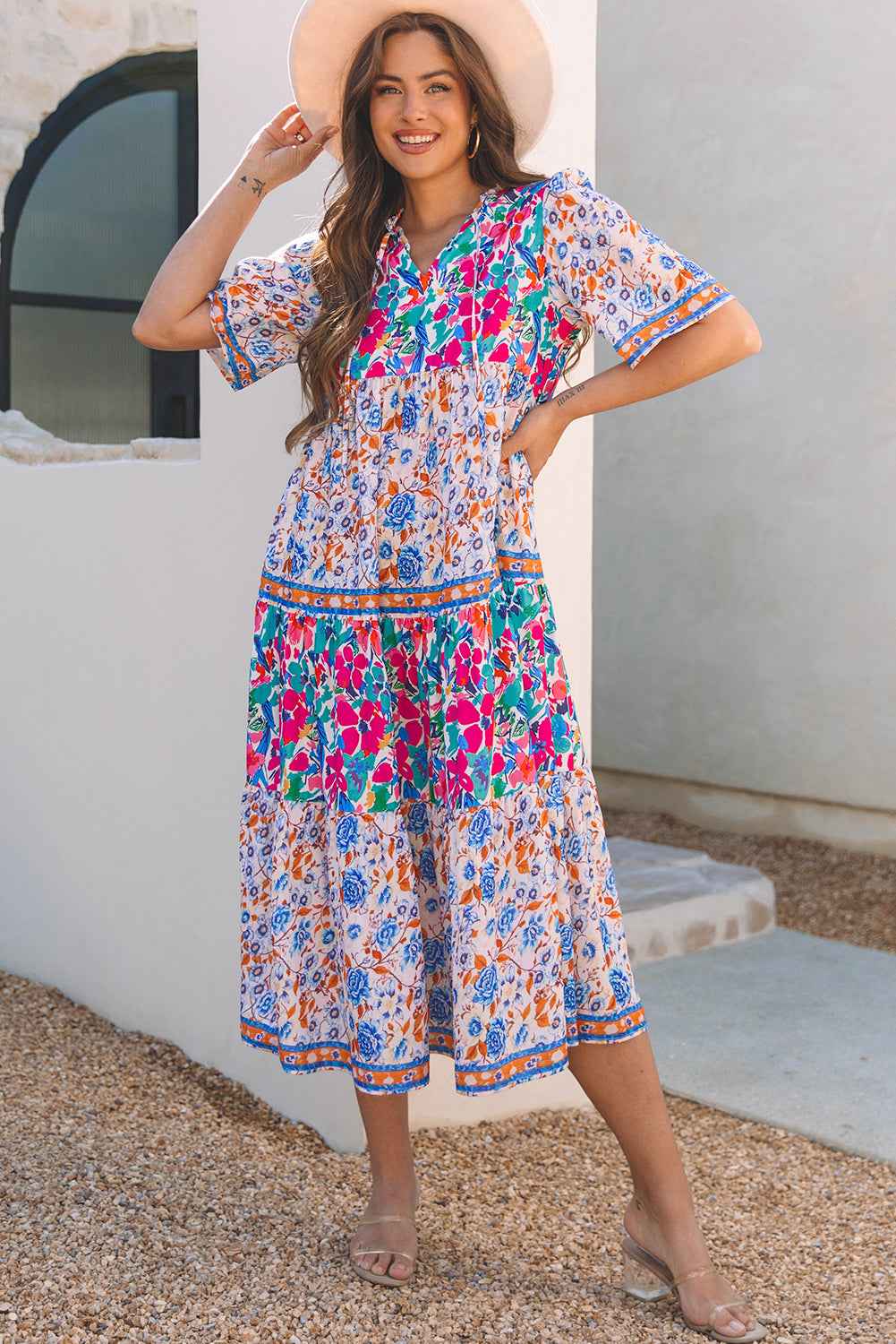 Sky Blue Mixed Floral Print Tie Split Neck Short Sleeve Dress
