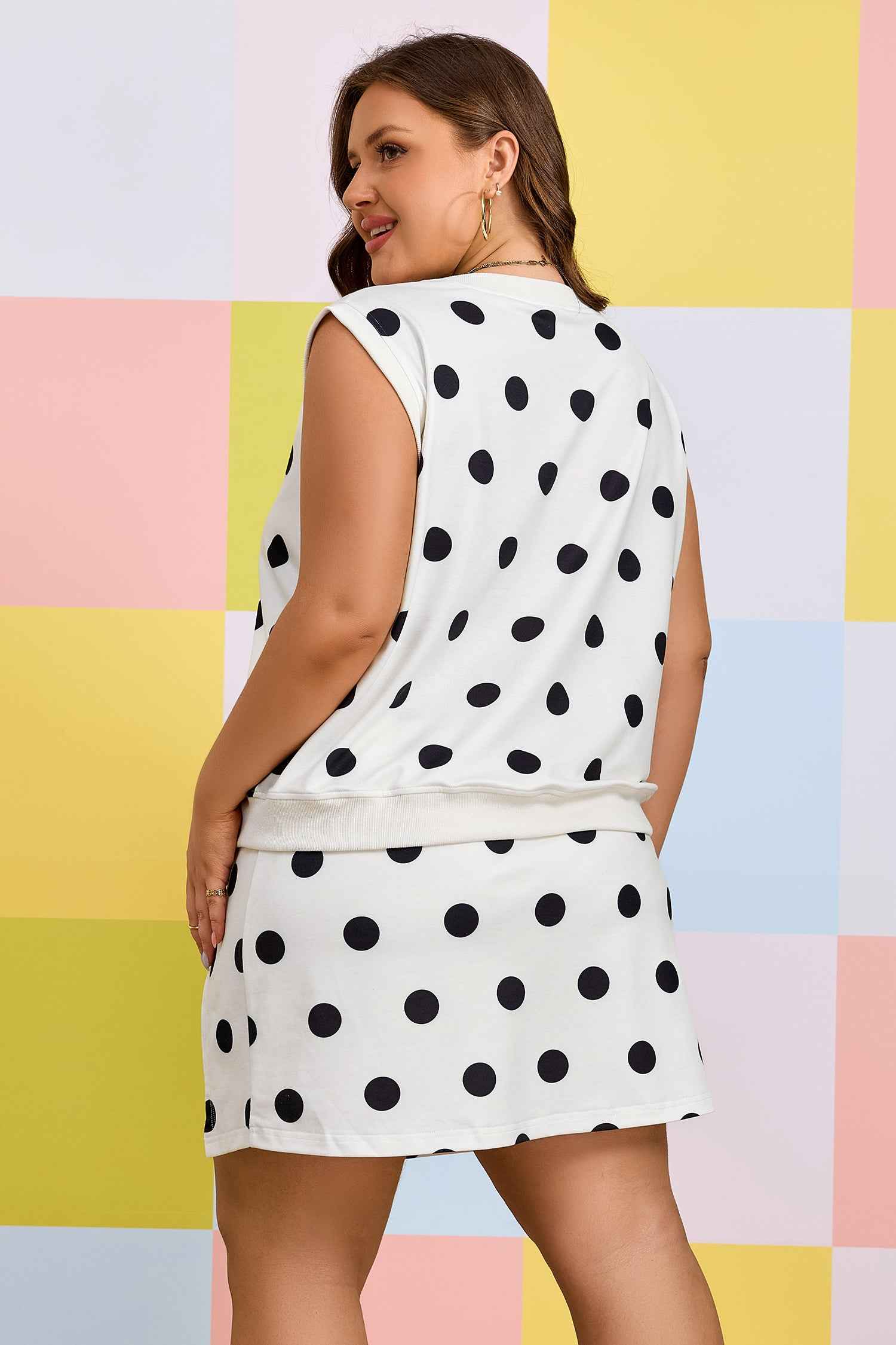 White Plus Size Polka Dot Printed Tank Split Skort 2pcs Outfit