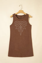 Coffee Geometric Embroidery Sleeveless Corduroy Shift Dress