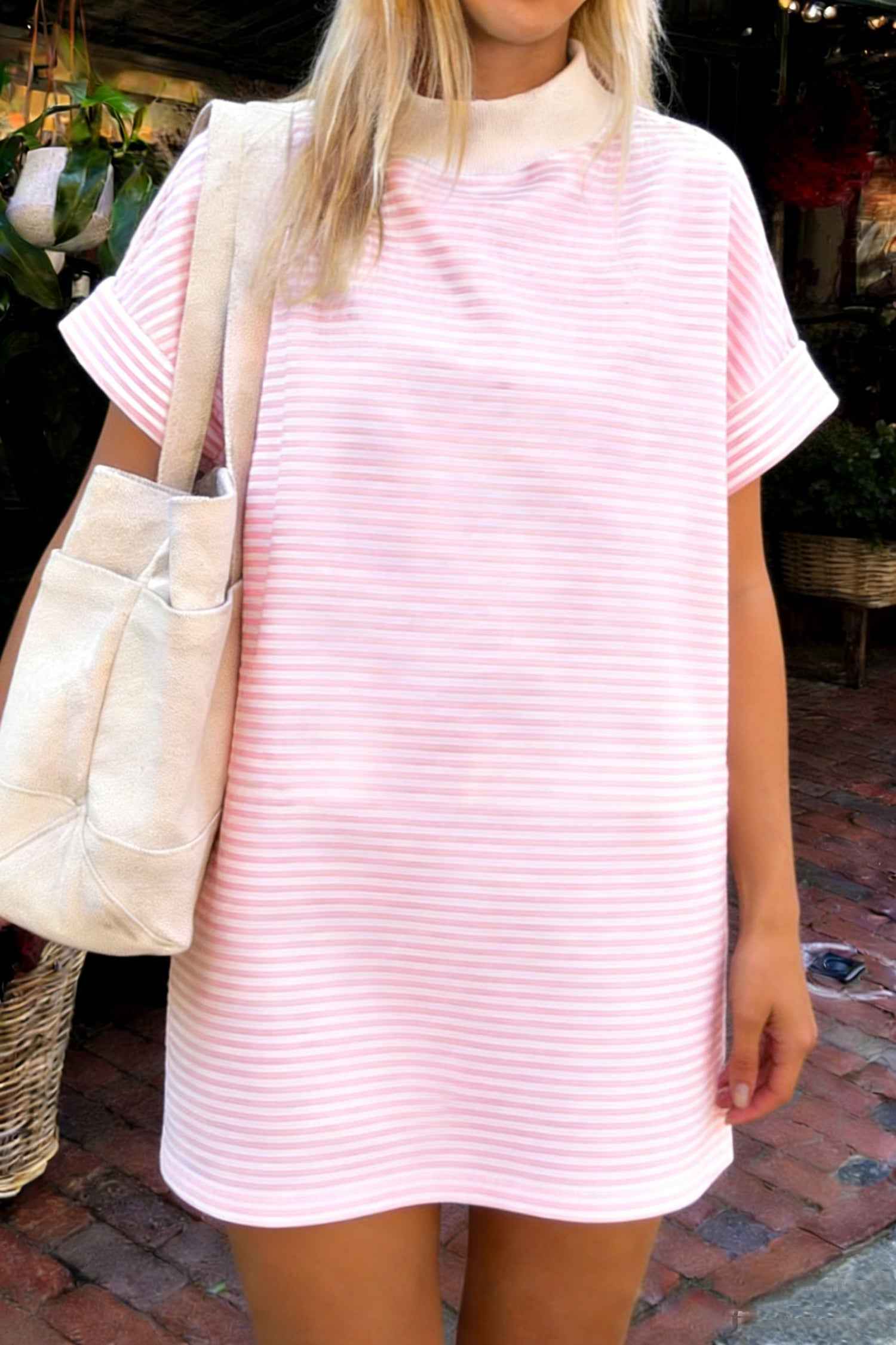 Pink Stripe Cuffed Short Sleeve Contrast Mock Neck Tee Dress