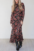 Black Retro Floral Print Long Sleeve Casual Mesh Dress