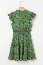 Green Floral Tie Split Neck Frilly Ruffle Trim Tiered Short Dress