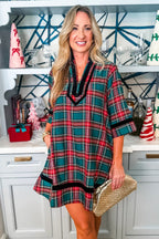 Green Plaid Velvet Trim Pockets Short Shift Dress