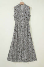 Beige Leopard Zip Front V Neck Cinched Waist Sleeveless Maxi Dress