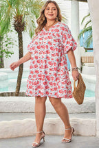 Red Floral Ruffled Half Sleeve V Neck Plus Size Dress