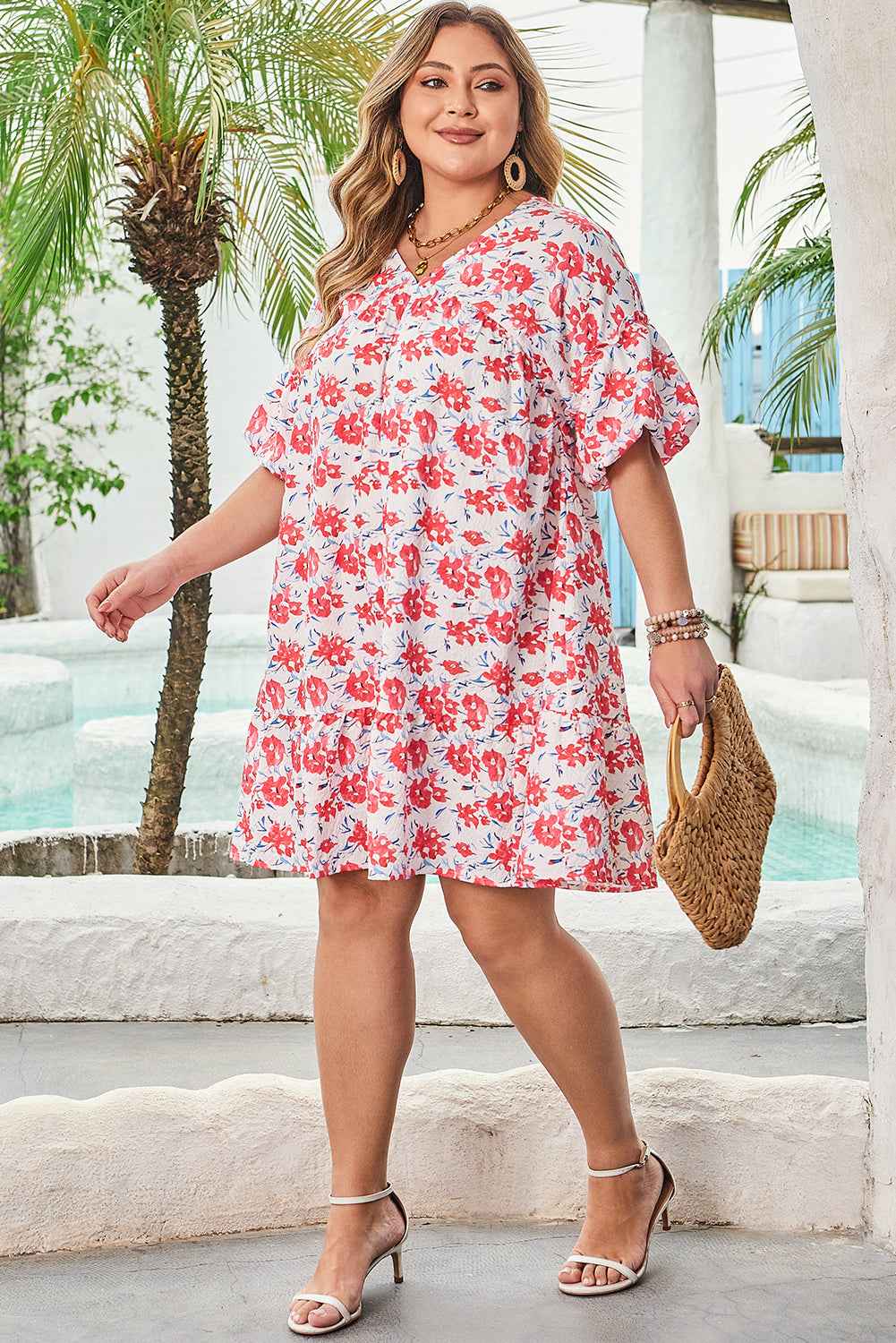 Red Floral Ruffled Half Sleeve V Neck Plus Size Dress