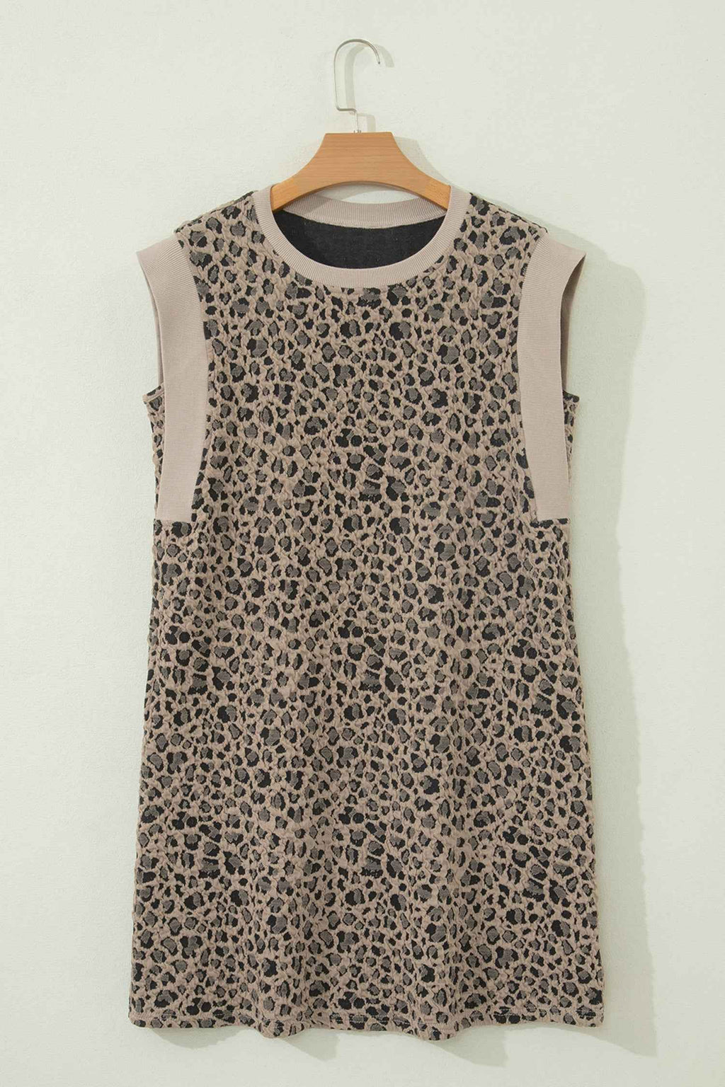 Khaki Leopard Textured Sleeveless Mini Dress with Pockets