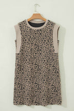 Khaki Leopard Textured Sleeveless Mini Dress with Pockets