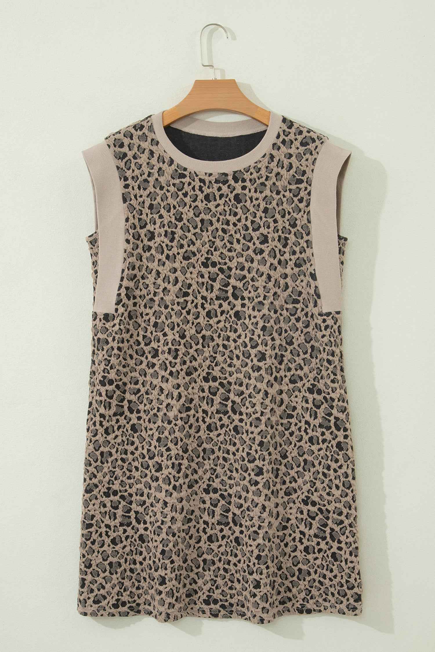 Khaki Leopard Textured Sleeveless Mini Dress with Pockets