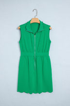 Bright Green Sleeveless Zip Front Scallop Hem Mini Dress