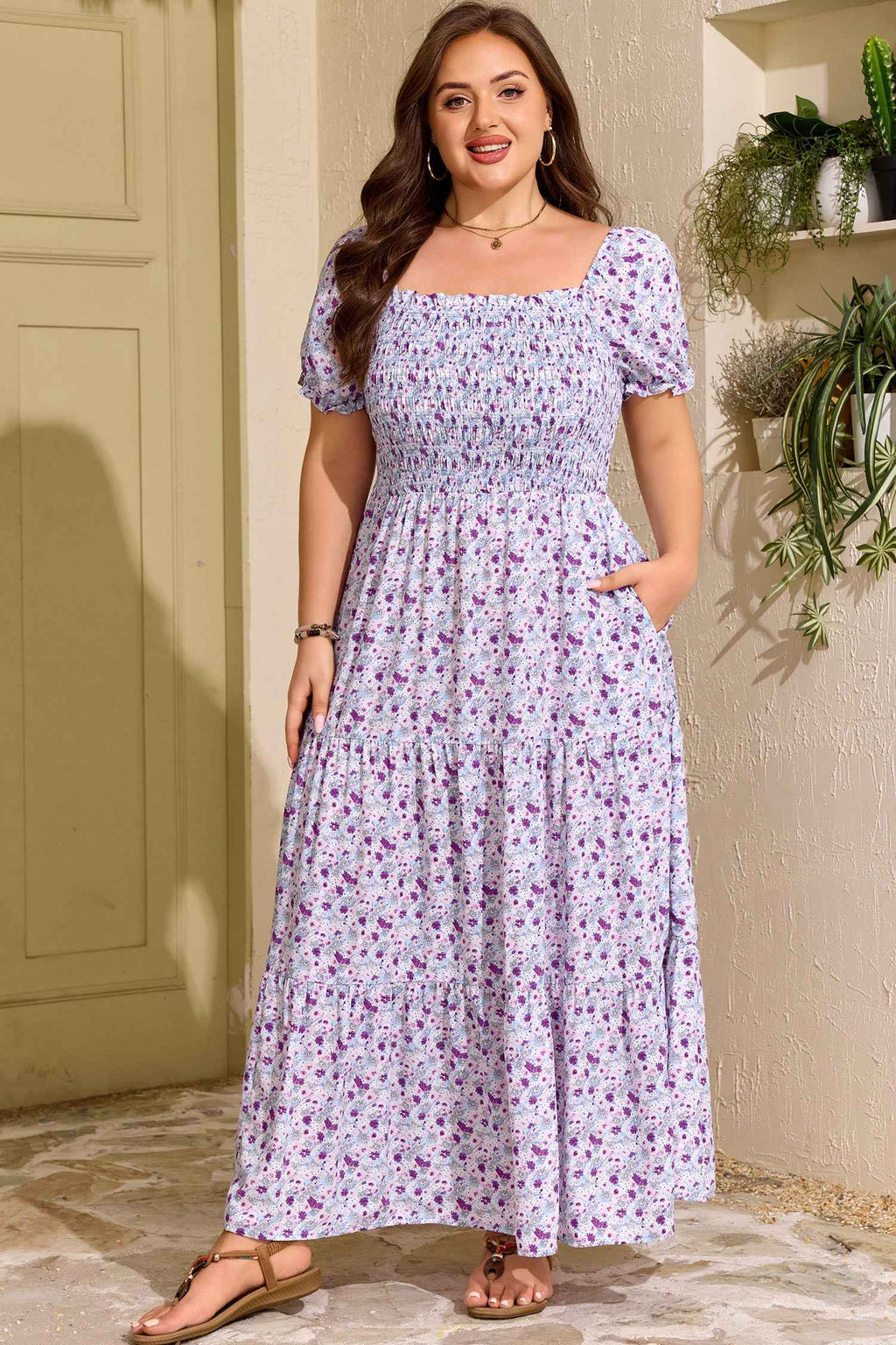 Purple Plus Size Floral Print Square Neck Smocked Maxi Dress