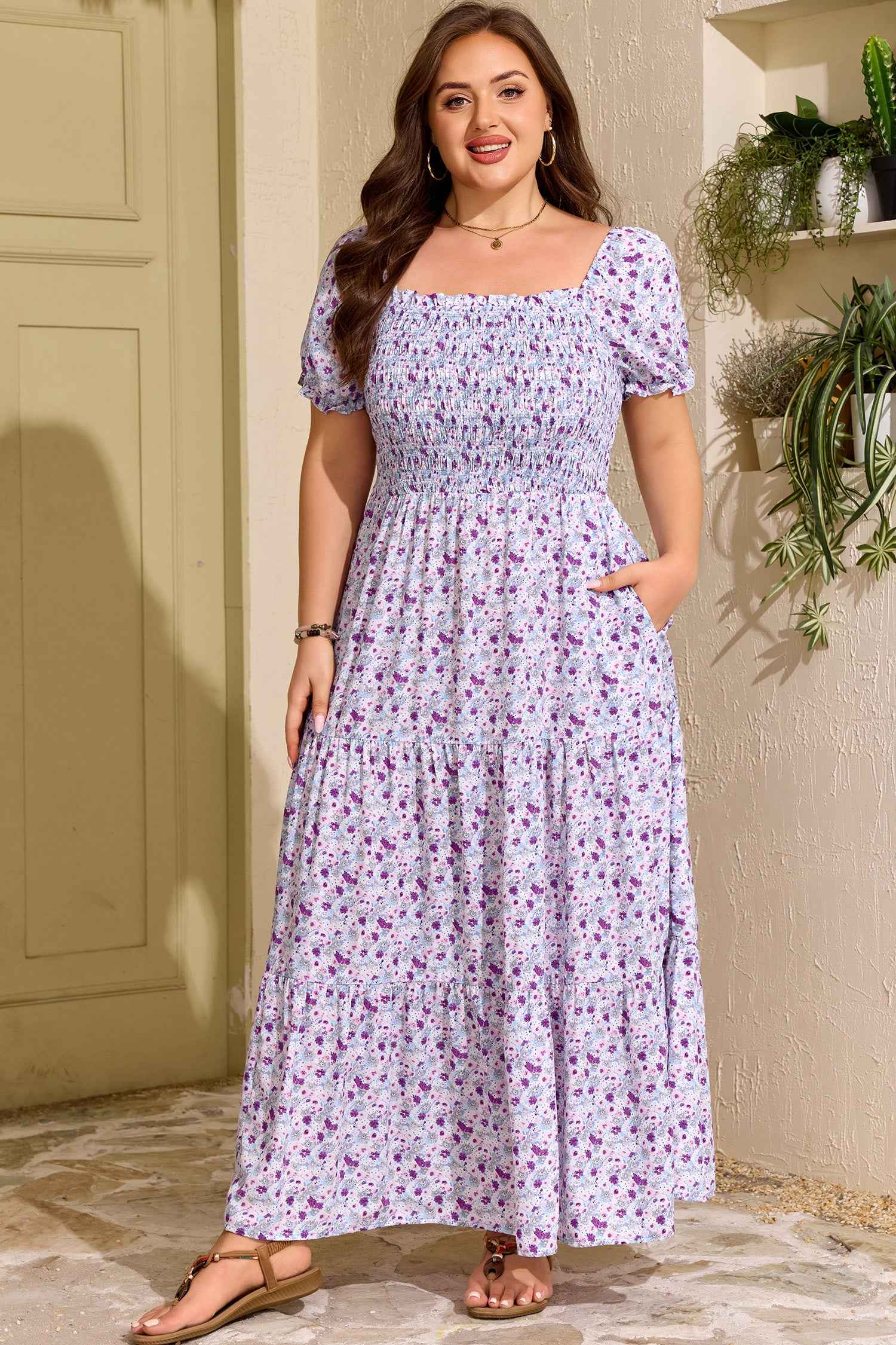 Purple Plus Size Floral Print Square Neck Smocked Maxi Dress