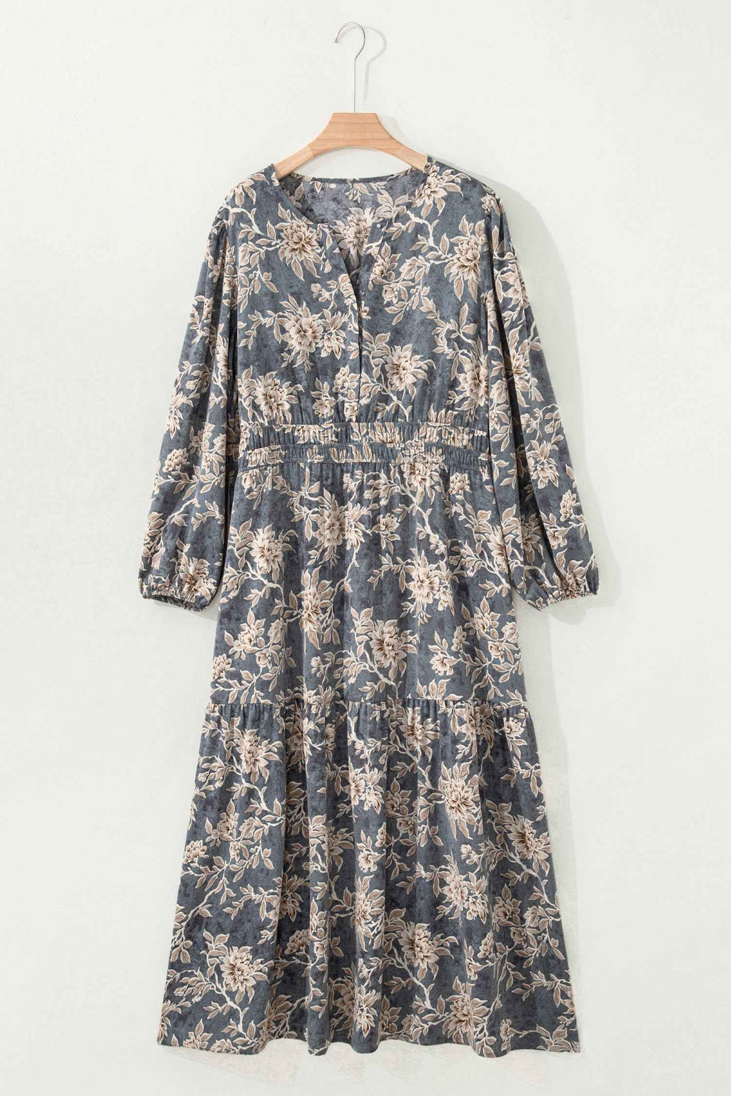 Sky Blue Plus Size Floral Print Split Neck Shirred High Waist Long Sleeve Maxi Dress