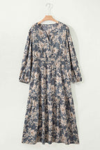 Sky Blue Plus Size Floral Print Split Neck Shirred High Waist Long Sleeve Maxi Dress
