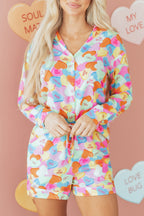 Pink Valentines Candy Heart V Neck Collared Tunic Shirt and Shorts 2pcs Pajama Set