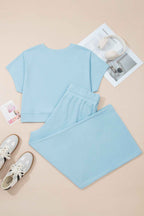 Mist Blue Solid Color Ribbed Trim Short Sleeve Top Drawstring Loose Pants 2pcs Outfit
