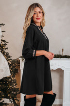 Black Contrast Trim V Neck Bracelet Sleeve Shift Mini Dress
