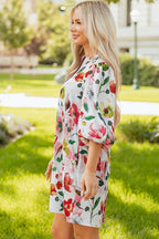 Red Floral Contrast Striped V Neck Puff Half Sleeve Shift Dress