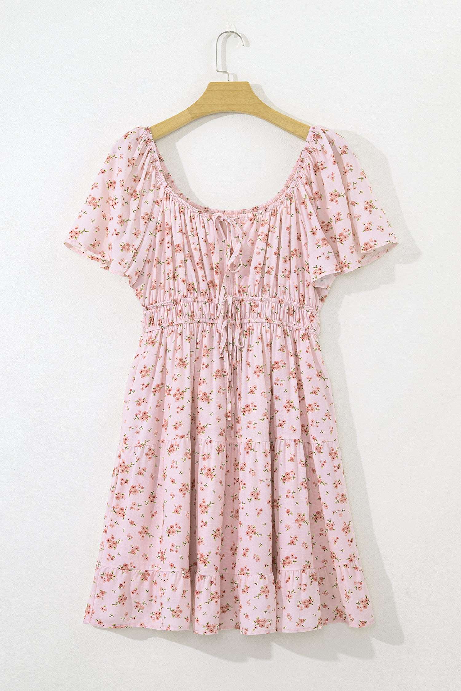 Pink Front Tie Shirred Waist Short Sleeve Ruffled Floral Mini Dress