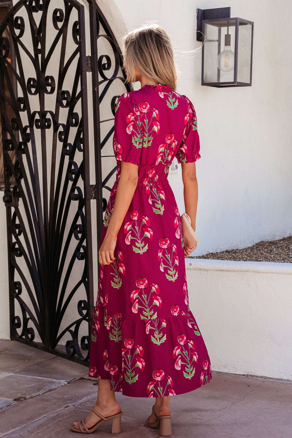Red Floral Print Frilled V Neck Short Sleeve Ruffle Maxi Dress