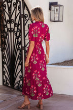 Red Floral Print Frilled V Neck Short Sleeve Ruffle Maxi Dress