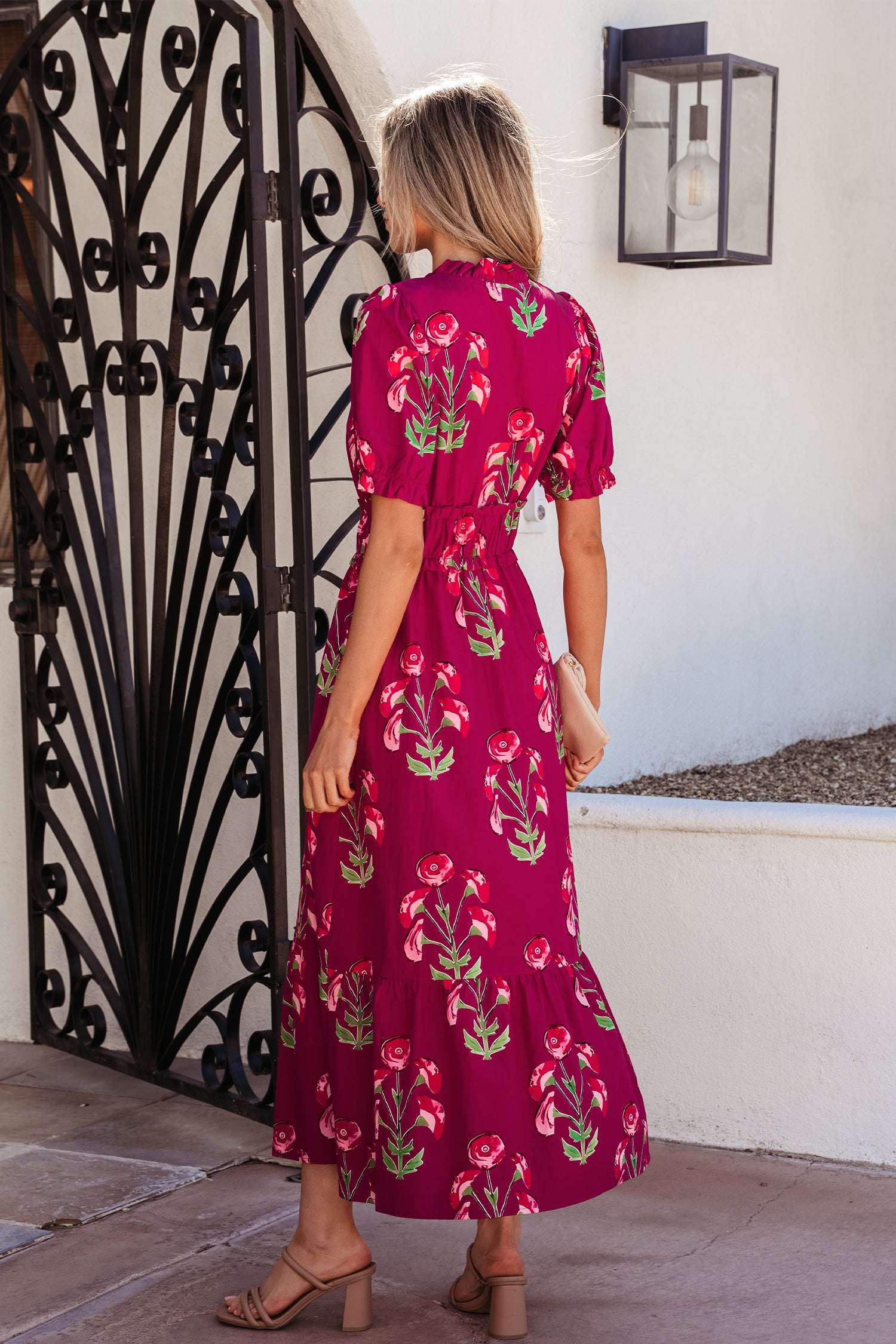 Red Floral Print Frilled V Neck Short Sleeve Ruffle Maxi Dress