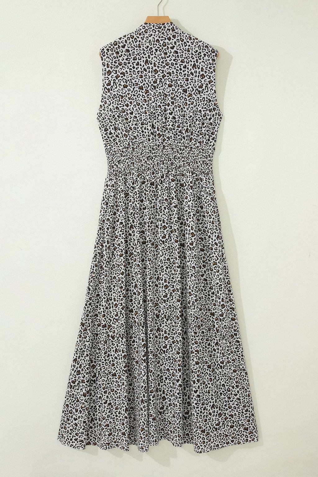 Beige Leopard Zip Front V Neck Cinched Waist Sleeveless Maxi Dress
