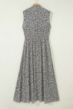 Beige Leopard Zip Front V Neck Cinched Waist Sleeveless Maxi Dress